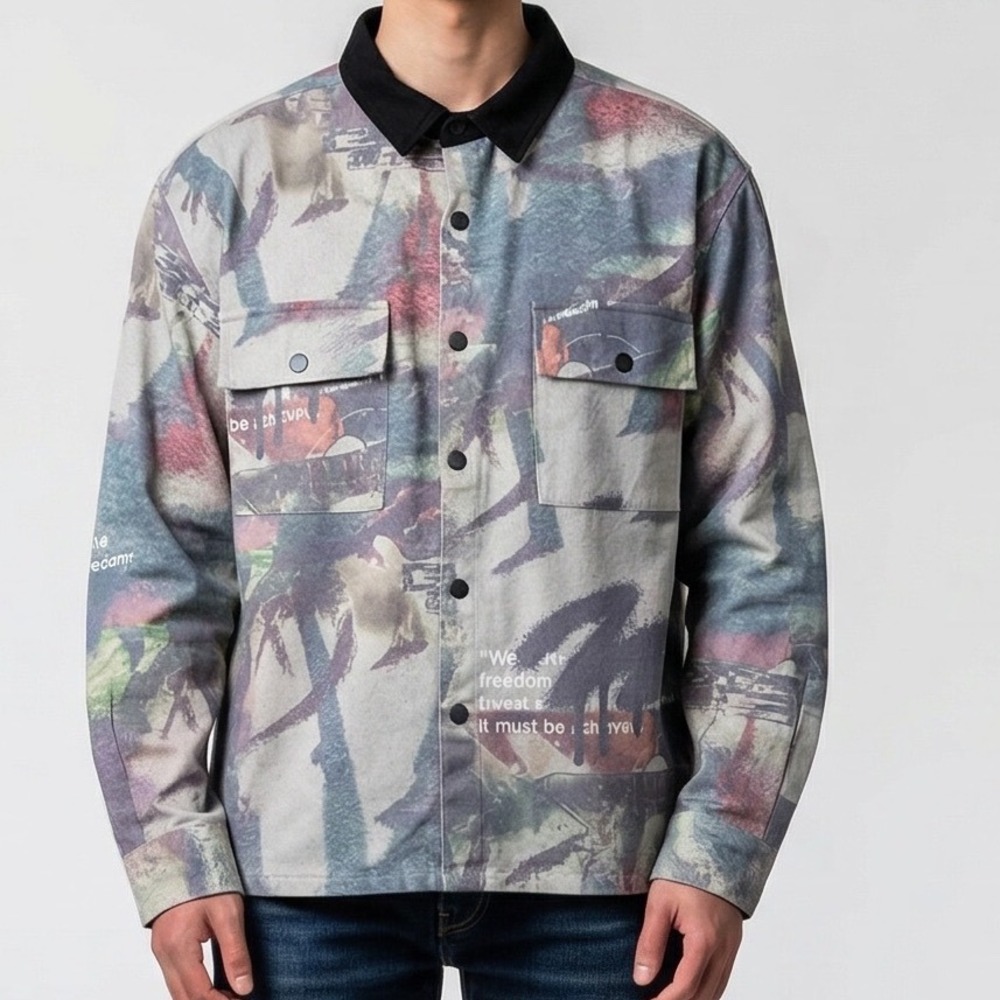 Mens Gray Abstract Graffiti Print light Jacket Large skater urban street grunge